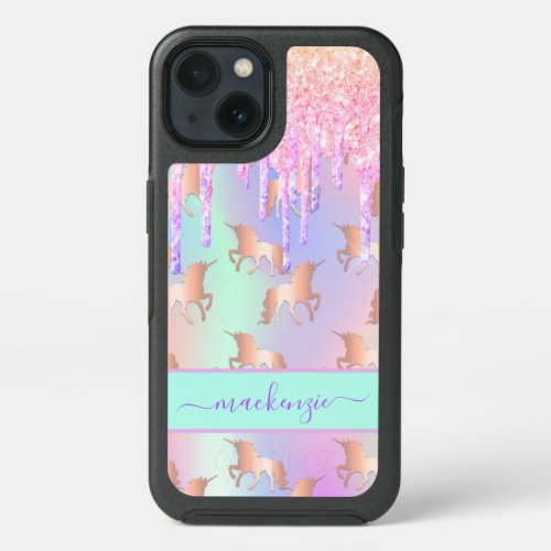 Unicorn pink glitter drips  iridescent name girl iPhone 13 case