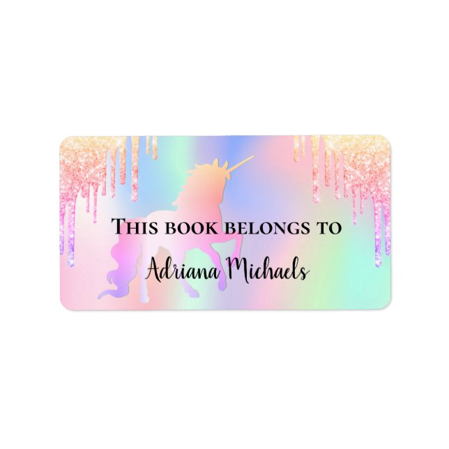 Unicorn pink glitter drips name bookplate (Front)