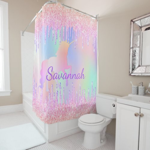 Unicorn pink glitter drips name girl holographic shower curtain