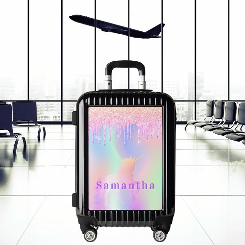 Unicorn pink glitter drips name girl luggage