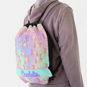 Unicorn pink glitter drips name holographic girl drawstring bag