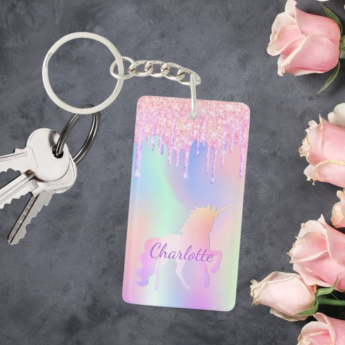 Unicorn pink glitter drips name holographic keychain