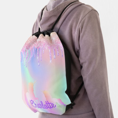 Unicorn pink glitter drips name rainbow girly drawstring bag