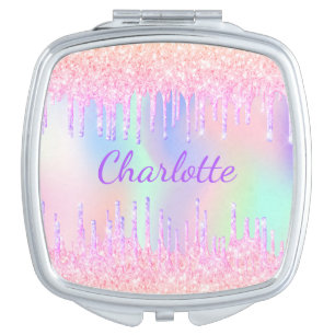 Unicorn pink glitter drips rainbow girly monogram compact mirror