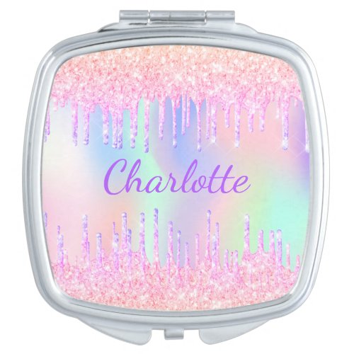 Unicorn pink glitter drips rainbow girly monogram  compact mirror