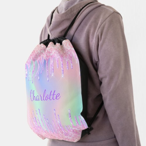 Unicorn pink glitter drips rainbow girly monogram drawstring bag