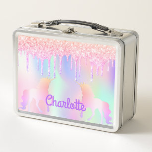 Unicorn pink glitter drips sparkle monogram metal lunch box