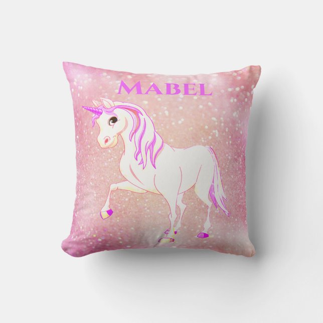 Unicorn  Pink Glitter Girl Cute Nursery Throw Pillow (Front)