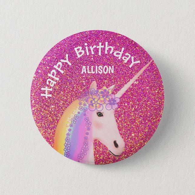 Unicorn Pink Glitter Girls Birthday Personalized Button (Front)