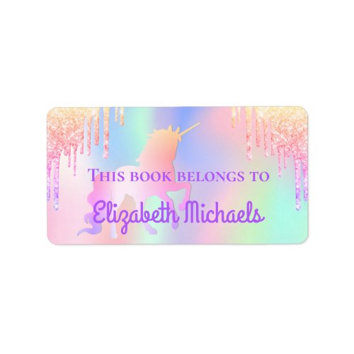 Unicorn pink glitter holographic name bookplate