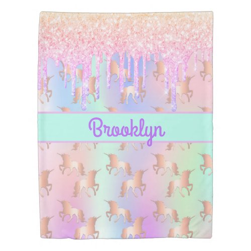 Unicorn pink glitter holographic name girl duvet cover