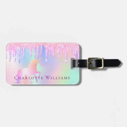 Unicorn pink glitter holographic name luggage tag