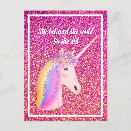 Unicorn Pink Glitter Inspirational She Believed Postcard