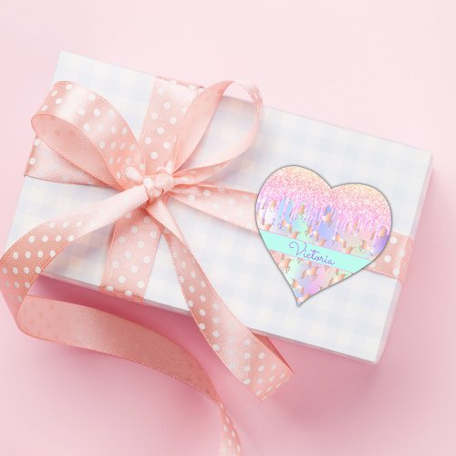 Unicorn pink glitter iridescent rose gold birthday heart sticker