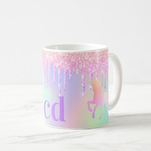 Unicorn pink glitter monogram holographic coffee mug