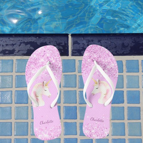 Unicorn pink glitter name flip flops