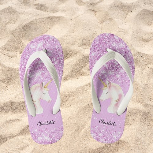 Unicorn pink glitter name girl  kids flip flops