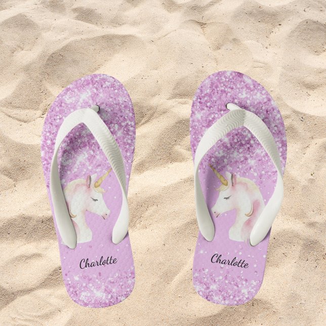 Unicorn pink glitter name girl  kid's flip flops (Creator Uploaded)