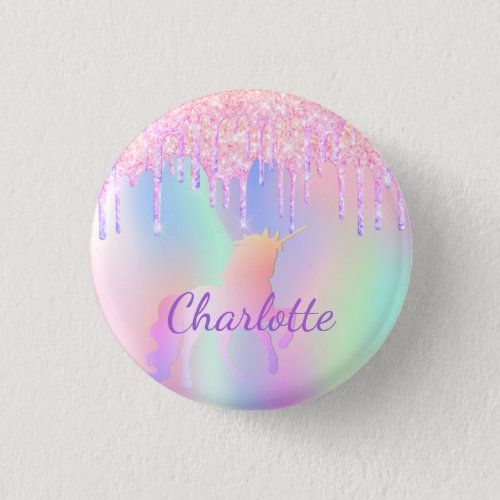 Unicorn pink glitter name holographic  button