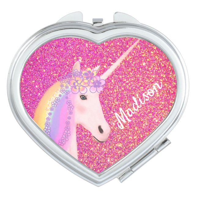 Unicorn Pink Glitter Personalized Compact Mirror (Front)