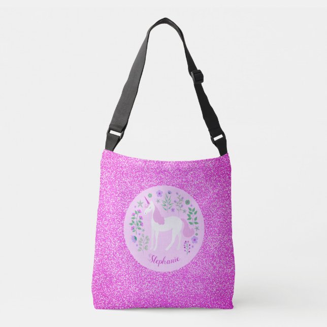 Unicorn Pink Glitter Personalized Crossbody Bag (Front)