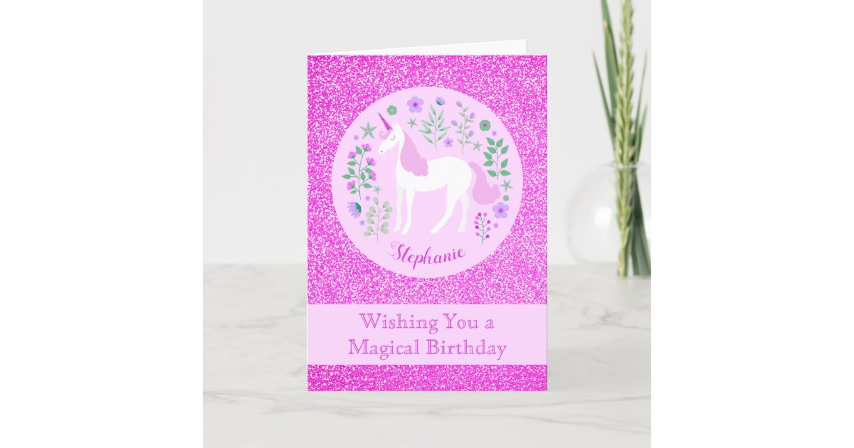 Unicorn Pink Glitter Personalized Happy Birthday Card Zazzle Com