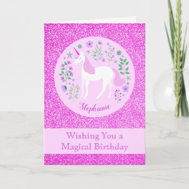 Unicorn Pink Glitter Personalized Happy Birthday Card (Front)