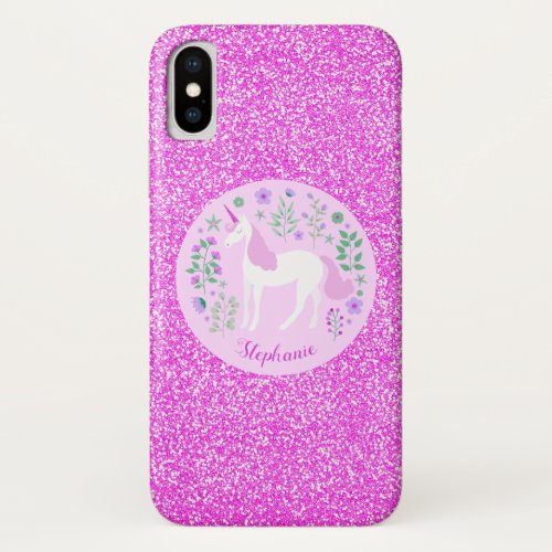 Unicorn Pink Glitter Personalized Name iPhone X Case