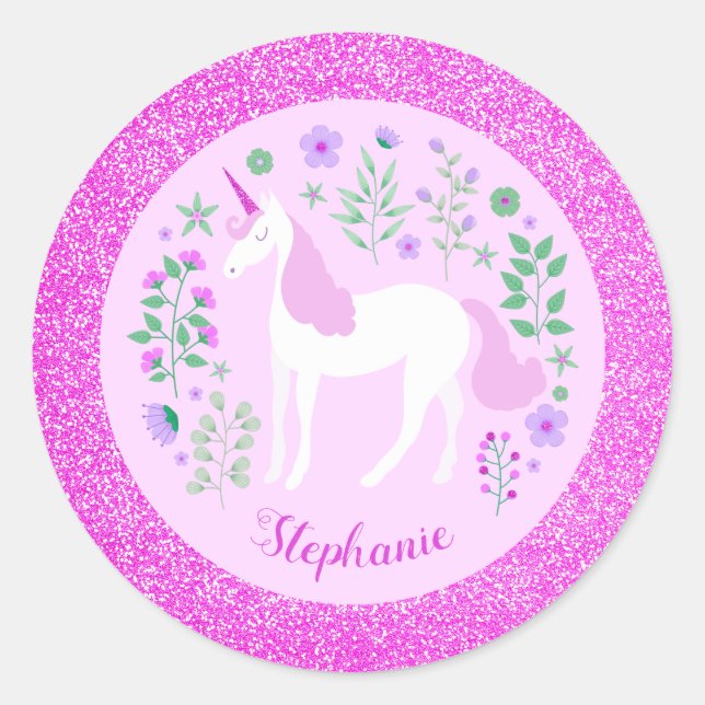 Unicorn Pink Glitter Personalized Name Classic Round Sticker (Front)