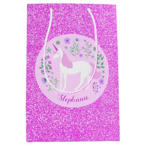 Unicorn Pink Glitter Personalized Name Medium Gift Bag