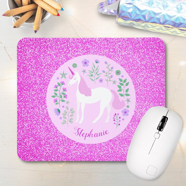 Unicorn Pink Glitter Personalized Name Mouse Pad (Creator Uploaded)
