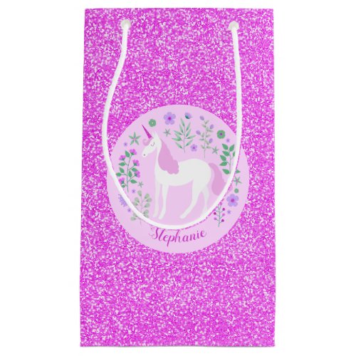 Unicorn Pink Glitter Personalized Name Small Gift Bag