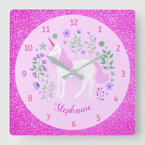 Unicorn Pink Glitter Personalized Name Square Wall Clock