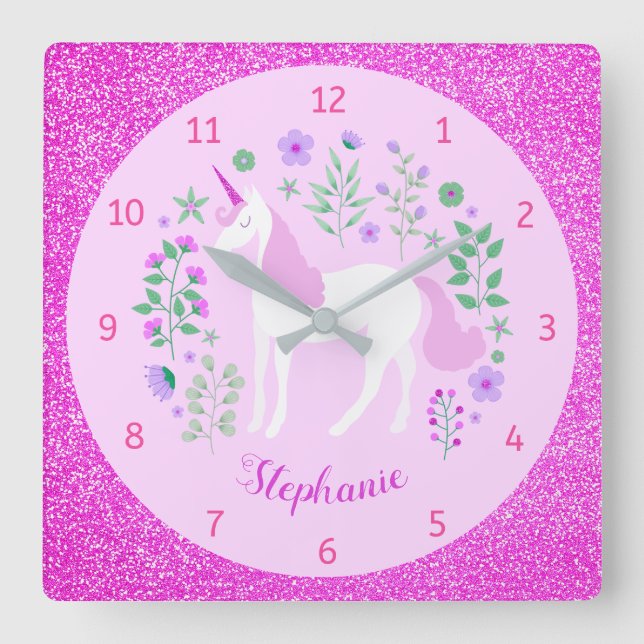 Unicorn Pink Glitter Personalized Name Square Wall Clock (Front)