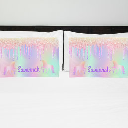 Unicorn pink glitter rainbow colored monogram pillow case