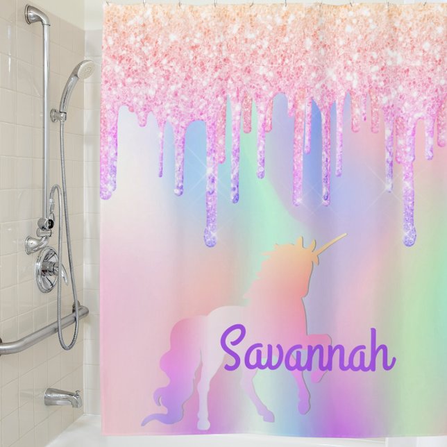 Unicorn pink glitter rainbow rose gold monogram shower curtain (Creator Uploaded)