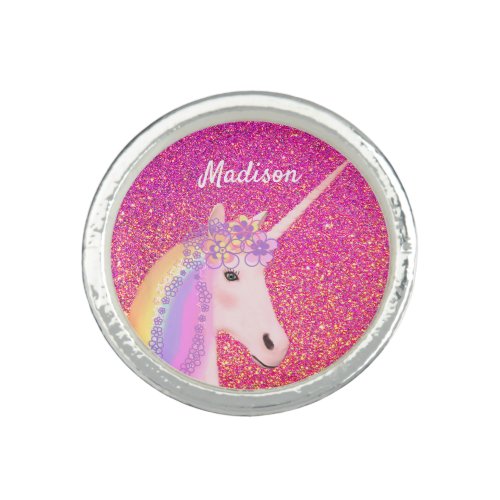 Unicorn Pink Glitter Sparkle Girls Personalized Ring