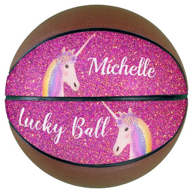 Uniçorn Pink Glitter Sparkles Girly Personalized Basketball (Front)