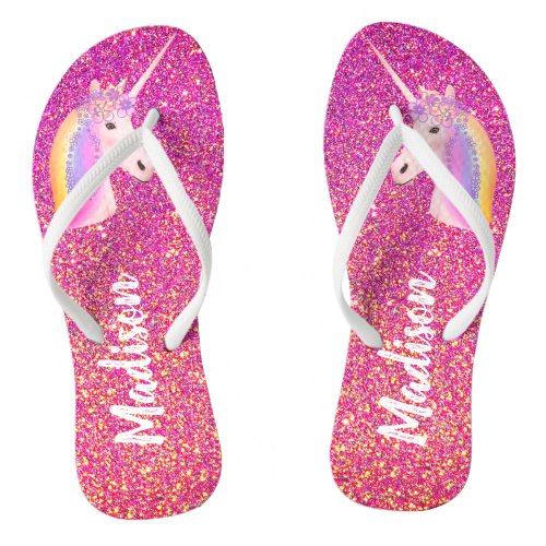 Unicorn Pink Glitter Sparkles Personalized Flip Flops