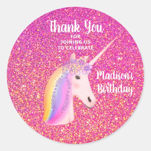 Unicorn Pink Glitter Thank You Birthday Favor Classic Round Sticker