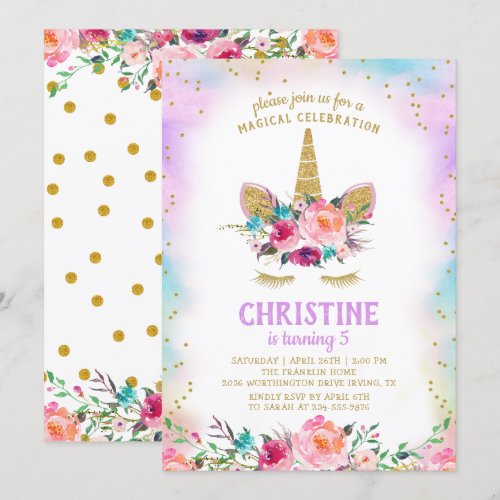 Unicorn Pink Gold Beautiful Floral Birthday Party Card