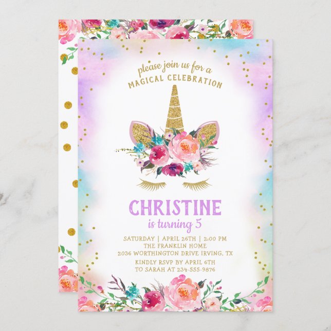 Unicorn Pink Gold Beautiful Floral Birthday Party Invitation (Front/Back)