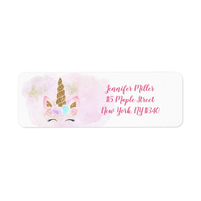 Unicorn Pink Gold Birthday Address Label (Front)