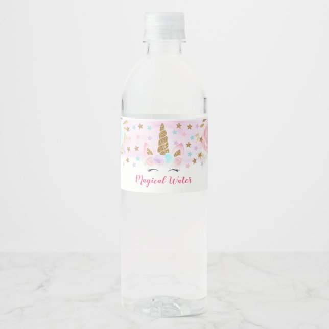 Unicorn Pink Gold Birthday Magical Water Bottle Label (Front)