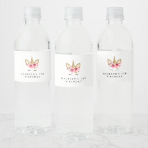 Unicorn Pink Gold Birthday Party Water Bottle Labe Label
