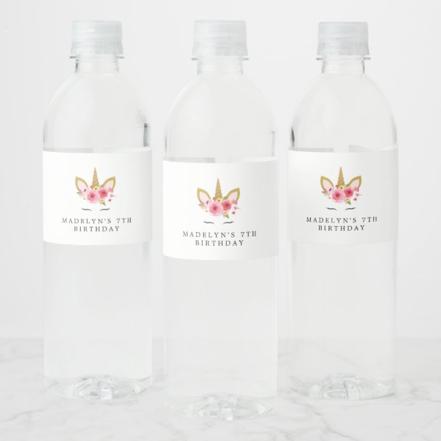 Unicorn Pink Gold Birthday Party Water Bottle Labe Water Bottle Label (Bottles)