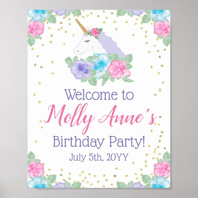 Unicorn Pink & Gold Birthday Party Welcome Poster (Front)