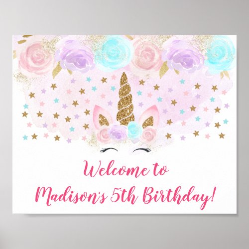 Unicorn Pink  Gold Birthday Welcome Poster