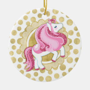 Unicorn Pink Gold Cute Fantasy Ceramic Ornament