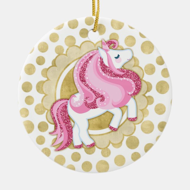 Unicorn Pink Gold Cute Fantasy Ceramic Ornament (Front)